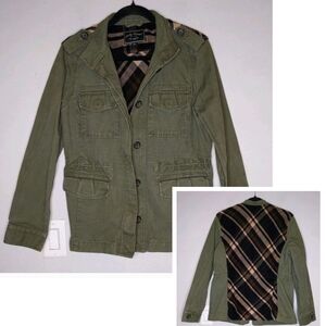 Lucky Brand Mixed Media Brown Plaid Flannel Green Utility Military Jacket Size M